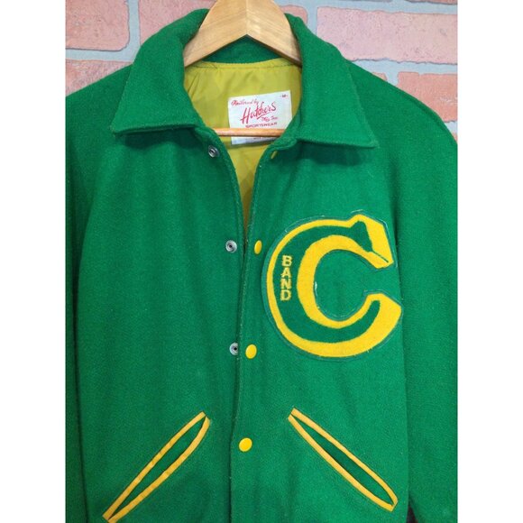 Vintage Hutchers Mens Letterman Jacket Sz M Green Yellow Wool Blend Band C Patch - Picture 2 of 13